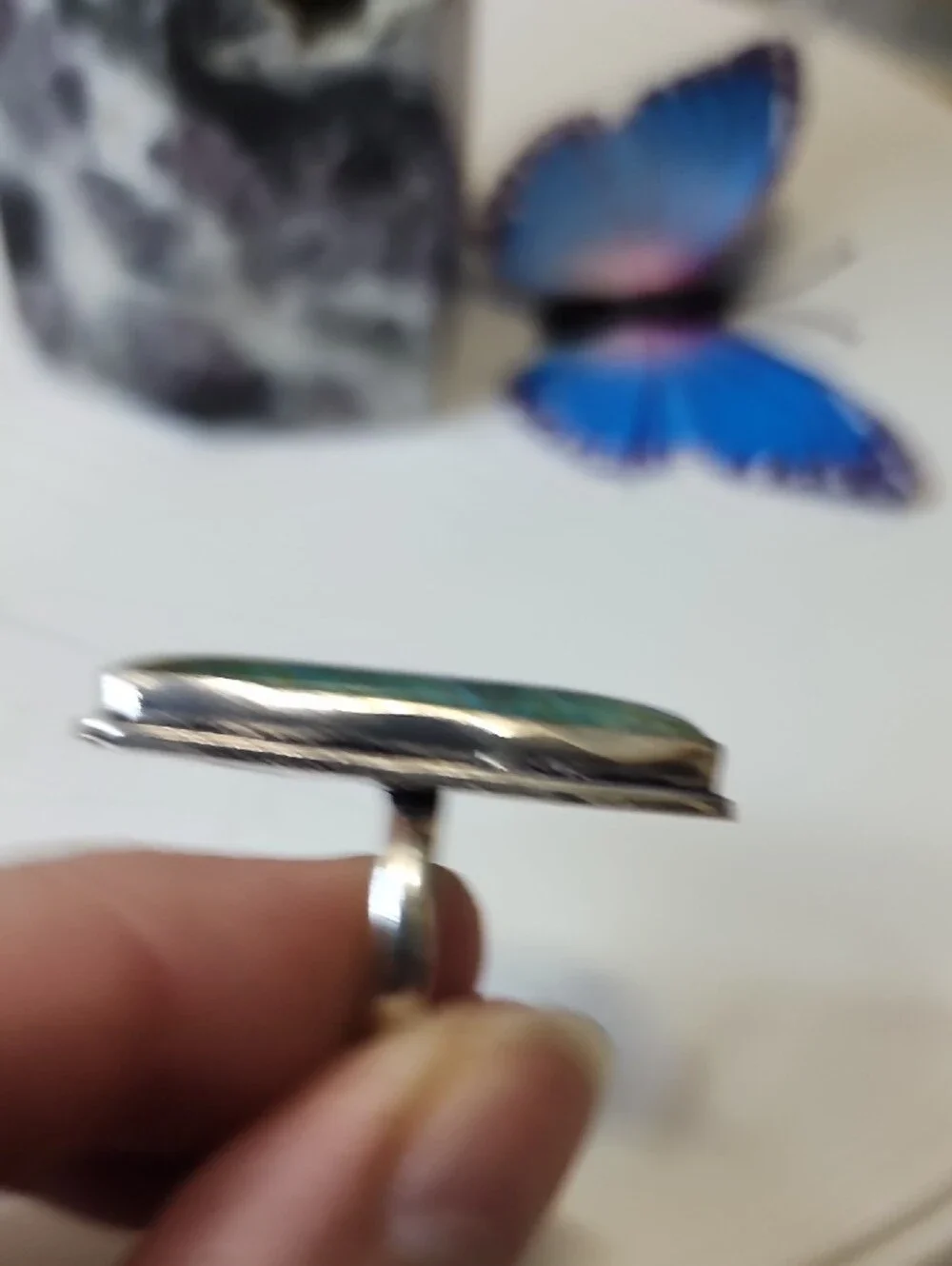 Blue-Green Fossil Coral Rectangular Womens Ring